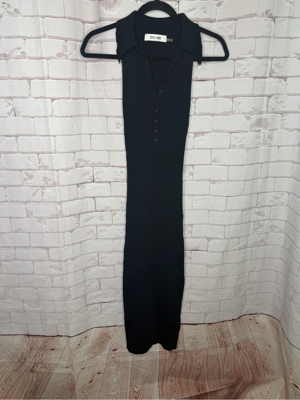DO+BE Black Ribbed Collared Maxi‎ Dress with Button Placket